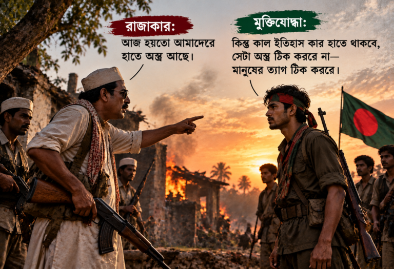 রাজাকার: আজ হয়তো আমাদের হাতে অস্ত্র আছে। মুক্তিযোদ্ধা: কিন্তু কাল ইতিহাস কার হাতে থাকবে, সেটা অস্ত্র ঠিক করবে না—মানুষের ত্যাগ ঠিক করবে।