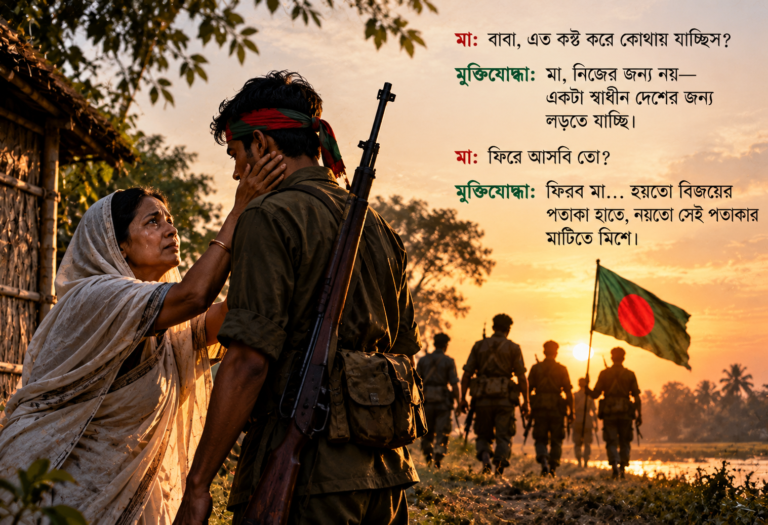 মা: বাবা, এত কষ্ট করে কোথায় যাচ্ছিস? মুক্তিযোদ্ধা: মা, নিজের জন্য নয়—একটা স্বাধীন দেশের জন্য লড়তে যাচ্ছি। মা: ফিরে আসবি তো? মুক্তিযোদ্ধা: ফিরব মা… হয়তো বিজয়ের পতাকা হাতে, নয়তো সেই পতাকার মাটিতে মিশে।